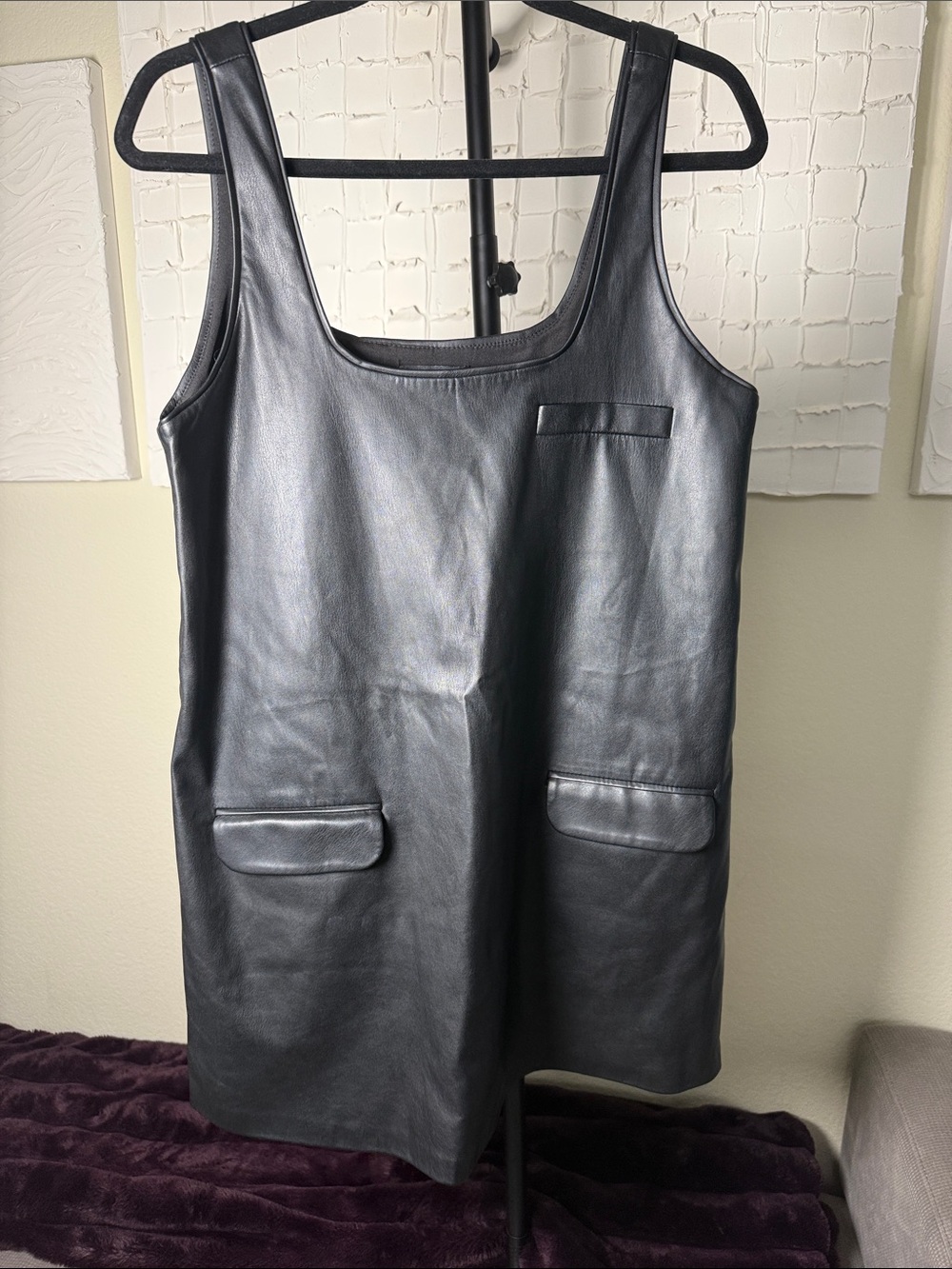 Zara Black Faux Leather Mini Shift Dress with Pocket Detail | Size Small